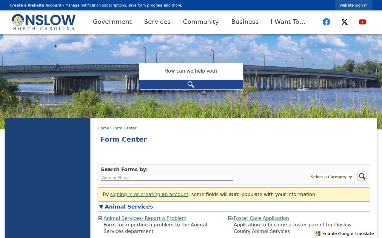 Jacksonville public records form categories in the Onslow County Form Center