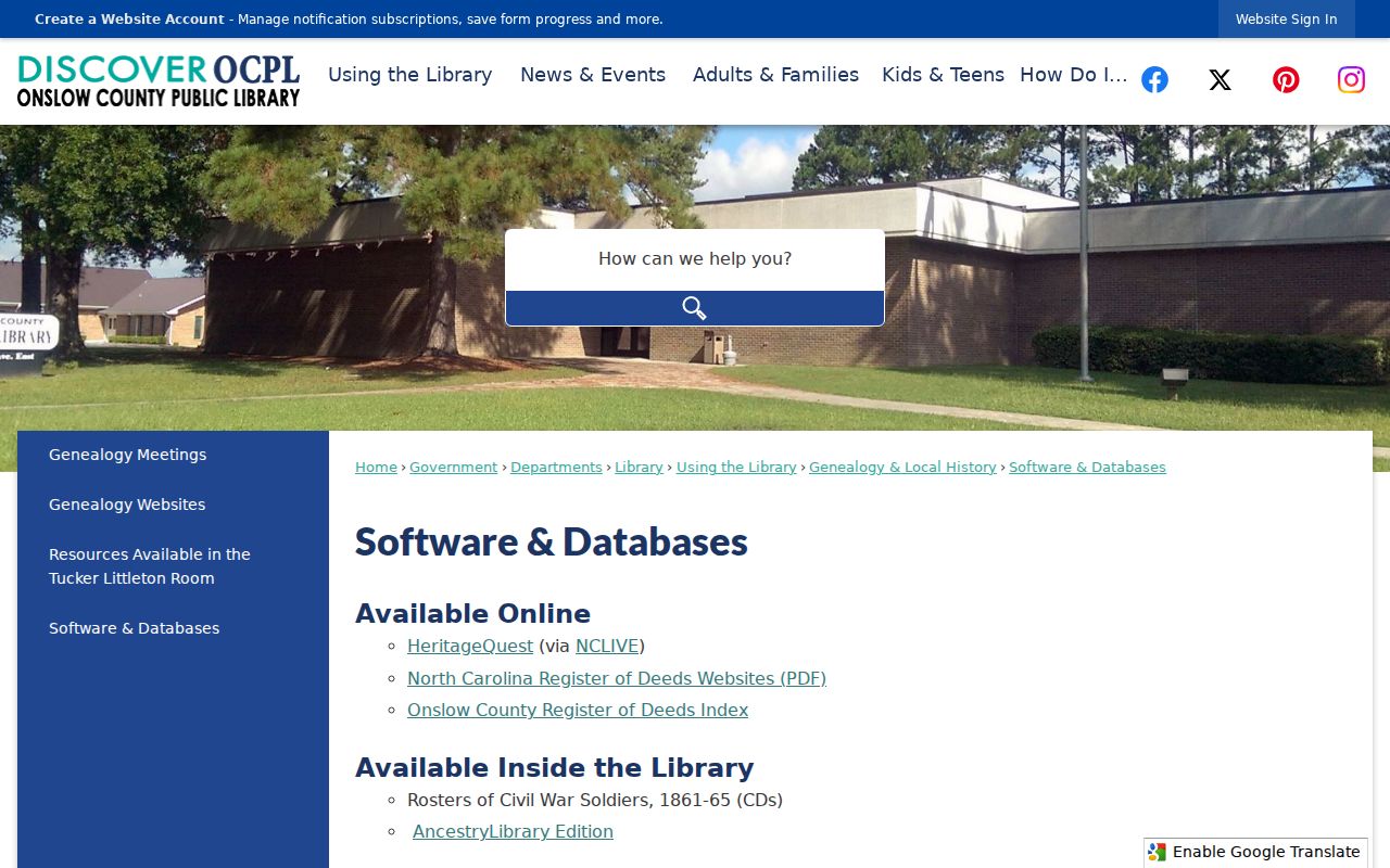 Jacksonville public records and genealogy databases at Onslow County Public Library